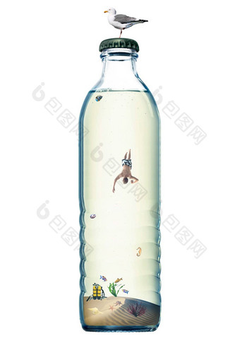 摘要海洋瓶潜水概念孤立的白色