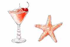 Colorfu手绘插图美味的奶昔新鲜的水果海星新鲜的夏天鸡尾酒樱桃压碎冰美丽的玻璃健康的海滩饮料