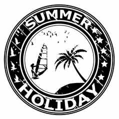 夏天假期橡胶邮票棕榈树冲浪者轮廓