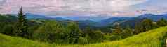 风景如画的视图巨大的没完没了的绿色喀尔巴阡山脉的山蓝色的天空白色云