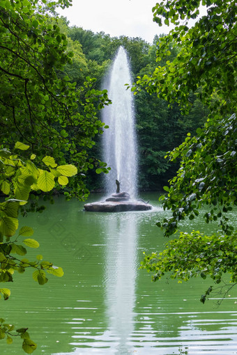 美丽的喷泉<strong>透明</strong>的流水打<strong>上衣</strong>树日益增长的海岸池塘