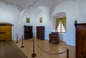 白色博物馆展览大厅罕见木家具肖像窗口绿色窗帘
