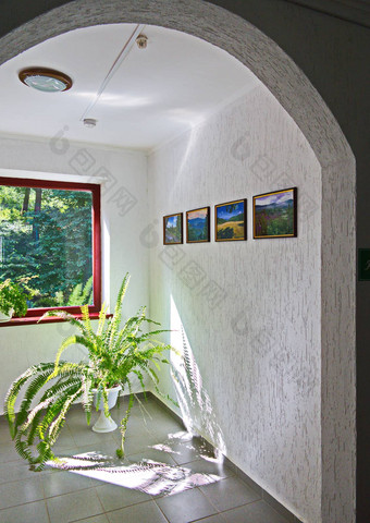 花瓶绿色长花站在室内地板上瓷砖白色<strong>墙绘</strong>画美丽的视图窗口