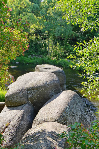 大石头water-polished表面说谎海岸<strong>小河</strong>在<strong>风景</strong>如画的自然绿色灌木丛灌木树