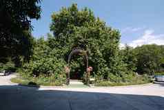 华丽的伪造的拱金属公园入口灌木丛树