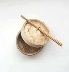 竹子轮船筷子dumpligs中国人厨房孤立的白色照片