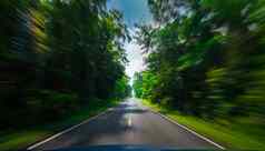 视图前面蓝色的车沥青路速度运动模糊高速公路夏天绿色树森林农村