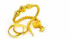 泰国风格黄金珠宝手镯夫妇黄金环孤立的白色背景复制空间添加文本中国人一年礼物黄金商店业务概念