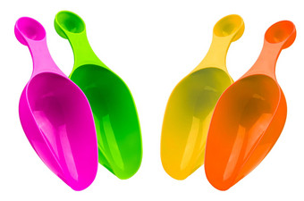 集色彩斑斓的塑料测量<strong>勺子</strong>孤立的白色背景影子绿色粉红色的黄色的橙色塑料测量<strong>勺子</strong>