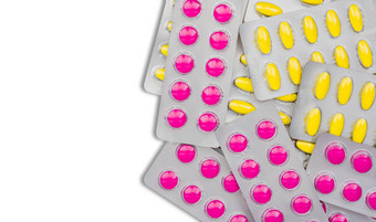 前视图粉红色的黄色的平板电脑药丸泡包<strong>药片</strong>救援疼痛期抽筋头疼牙痛