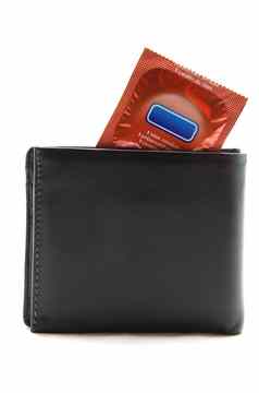 橙色避孕套黑色的皮革钱包
