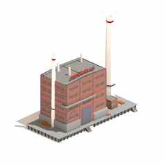 平模型等角红色的砖行业工厂建筑插图孤立的白色背景