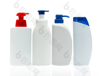 化妆品白色塑料瓶红色的蓝色的泵自动售货机孤立的白色背景空白标签集皮肤护理瓶身体护理乳液化妆品Jar包洗发水瓶
