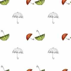 无缝的模式红色的绿色波状外形的手画雨伞秋天配件集合插图