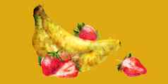 香蕉草莓黄色的背景水彩插图