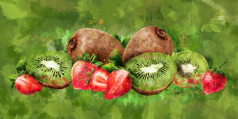 草莓猕猴桃绿色背景水彩插图