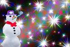 有趣的聚会，派对雪人孤立的烟花色彩斑斓的星星背景非常滑稽的圣诞节年卡