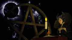 女巫阅读魔法书蜡烛光黑色的地球背景五角星形