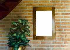 空空白减少木镜子绘画框架挂砖墙房间装饰房子植物