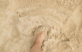 年轻的女人站光着脚沙子阳光明媚的夏天一天前视图美丽的腿空空间文本