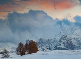 雪早期冬天景观阿尔卑斯Siusi白云石山脉斜体字