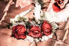 花束美丽的粉红色的装饰孟加拉语婚礼玫瑰婚礼服装背景前视图复制空间
