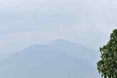 树前冬天多雾的山背景多云的喜玛拉雅范围冬天景观遥远的山冬天景观的观点山树复制空间房间文本前左