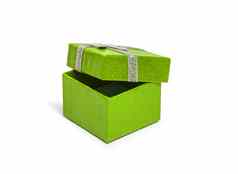 开放绿色礼物盒子银丝带孤立的白色后台支持