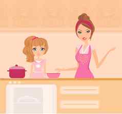 快乐妈妈。帮助女儿烹饪厨房
