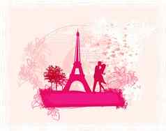 浪漫的夫妇巴黎接吻埃菲尔铁塔塔复古的卡