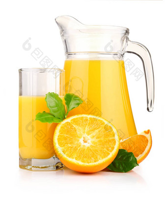 壶玻璃橙色汁橙色水果绿色叶子