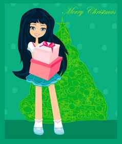 美丽的女孩礼物盒子圣诞节明信片