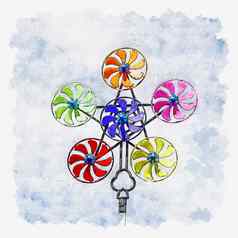 插图水彩油漆色彩斑斓的纸风车