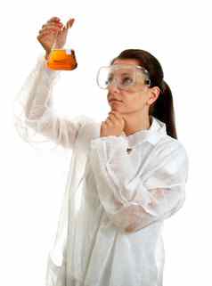 女科学家实验室外套化学玻璃器皿孤立的白色