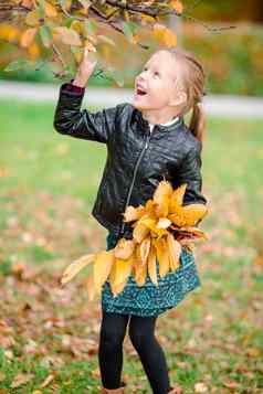 肖像可爱的女孩黄色的橙色叶子花束在户外美丽的秋天一天