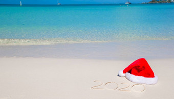 写热带海滩白色沙子圣诞节他