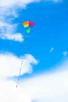 色彩斑斓的风筝飞行风背景蓝色的天空