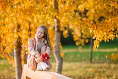 肖像可爱的女孩黄色的叶子花束秋天
