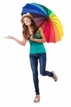 年轻的女人色彩鲜艳的伞