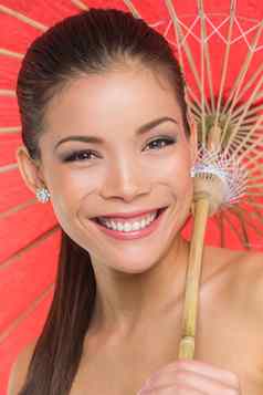 亚洲模型工作室微笑纸伞太阳阳伞中国人女孩微笑多民族的美