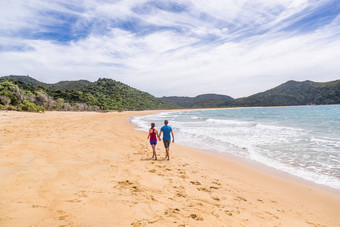亚伯塔斯曼国家公园海滩游客徒步旅行者踩海岸跟踪小道著名的旅行目的地荒野储备北结束新西兰的南岛
