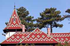 城堡色彩斑斓的瓷砖屋顶体系结构细节
