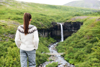冰岛女人徒步旅行黑色瀑布瀑布女参观著名的旅游吸引力冰岛壮观的自然具有里程碑意义的假期斯卡夫塔山冰岛自然景观