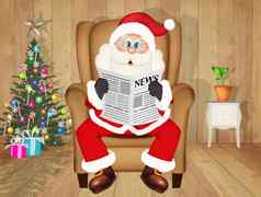 圣诞老人老人坐着扶手椅读取报纸