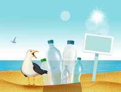 海鸥海滩塑料浪费