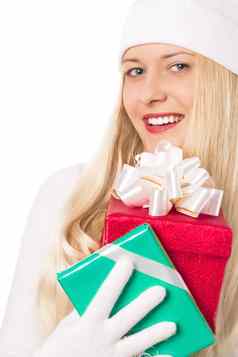 年轻的金发女郎礼物盒子圣诞节女人礼物冬天季节购物出售假期品牌