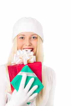 微笑金发女郎礼物盒子圣诞节女人礼物冬天季节购物出售假期品牌