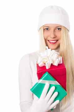 快乐的金发女郎模型礼物盒子圣诞节女人礼物冬天季节购物出售假期品牌