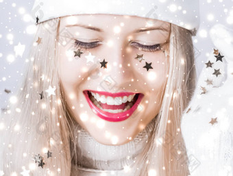 闪亮的圣诞节闪闪发光的雪背景金发女郎女人积极的情感冬天季节购物出售假期品牌