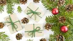 假期明信片工艺礼物盒子冷杉树分支机构视锥细胞红色的圣诞节装饰物白色背景